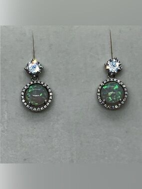 Vtg 925 Sterling Silver CZ Halo Green Synthetic Fire Opal Stud Earrings